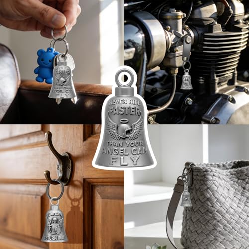 Image of Guardian Angel Motorcycle Bell Biker Luck Gremlin Bells for Motorcycles Riders with Motorcycle Bell Hanger, 2 Key Chain Ring Accessories, Velvet Pouch
