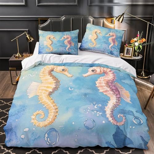 Housse de couette hippocampe linge de lit 140x200 style marin