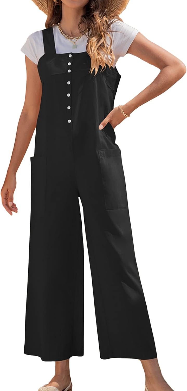 Lu's Chic Women's Overalls Pants Cropped Strap Casual Jumpsuit Straight Summer Loose Fit Solid Cotton with Pockets Black 12
