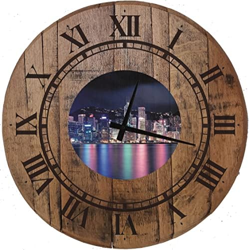 EVH Prints Wood Wall Clock City on The Water Neon Lights Reflections Authentic Whiskey Barrel Head Top Wall Art 22 Inches