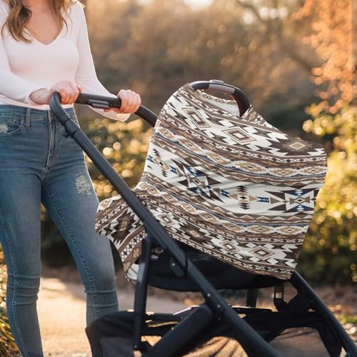 Image of Binienty Light Brown Tribal Geometric Car Seat Cover for Babies, Breathable Breastfeeding Scarf for Moms, Extra Soft and Stretchy Nursing Covers for Boys Girls
