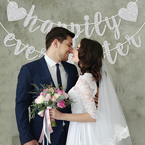 Image of Happily Ever After Silver Glitter Bunting Banner, Engagement, Bridal Shower, Wedding Party Photo Booth Props Signs,Pre-Strung Cursive Bunting
