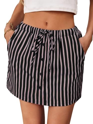 Fisoew Womens Summer Striped Mini Skirts Casual Drawstring Elastic Waist Button Cute Y2K Skorts Shorts Black