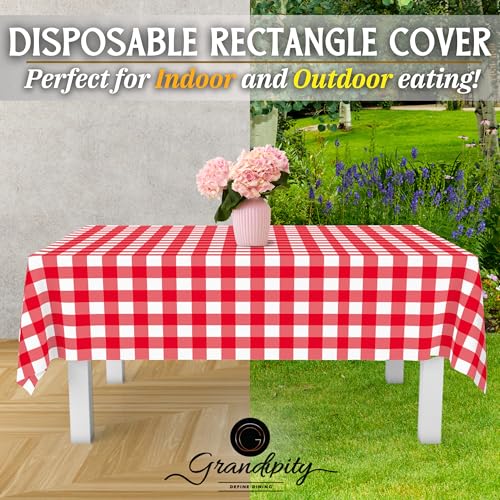 Image of Grandipity Plastic Table Cloth Disposable 12 Pack 54 inch x 108 inch Rectangle | Red Gingham Plastic table covers, durable disposable tablecloths, fade and tear-resistent table cover for party, event