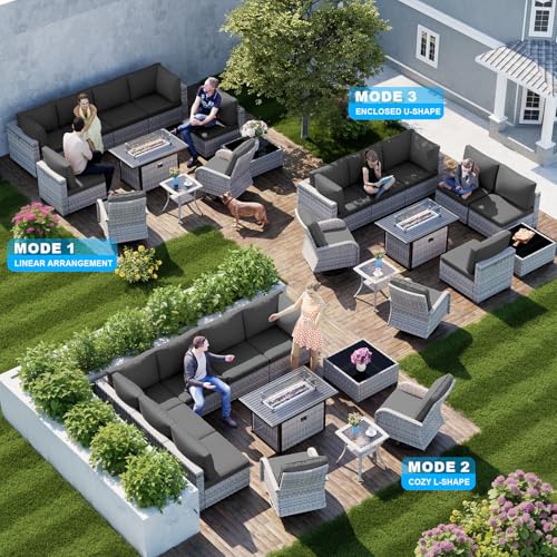 Image of 11-Piece Patio Furniture Set, Outdoor Patio Furniture with 55,000 BTU Fire Pit Table, Swivel Chairs Set, Thick Cushions, Modular Patio Sofa, Dual-Strand Wicker Rattan, Rust-Resistant Frame, Black