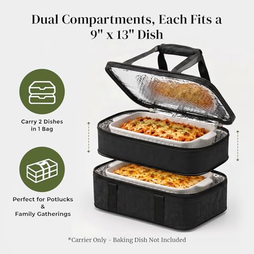 Image of DOWAN Insulated Casserole Carrier - Double Decker Food Delivery Bag Fits 9x13 Baking Dish, Expandable Lasagna Lugger Tote for Hot or Cold Food, Potluck, Picnic, Camping, BBQ - Black