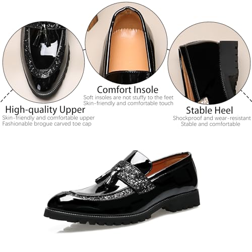 Men's Patent Leather Tassel Slip-On Loafers Fashion Sequins Pointed Toe Non-Slip Lug Sole Chunky Heel Penny Loafers for Business Formal Party Work Dress Shoes3