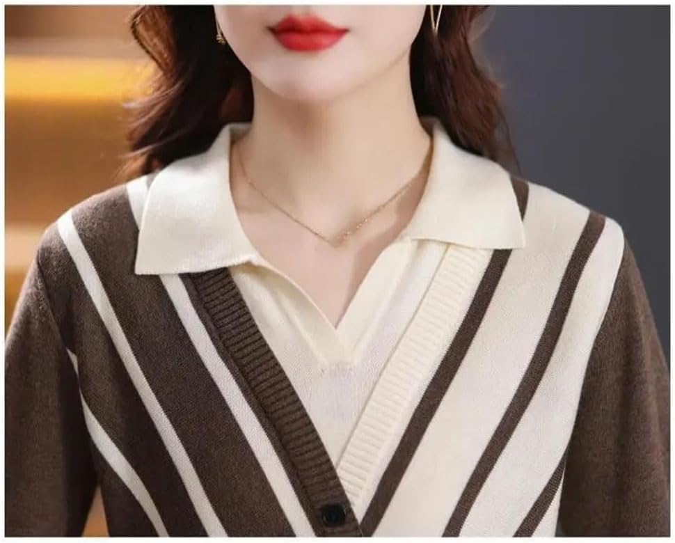 Women's Fake Two Pieces Sweaters Lapel Button Striped Contrast Color Long Sleeve Knitted Pullovers Tops