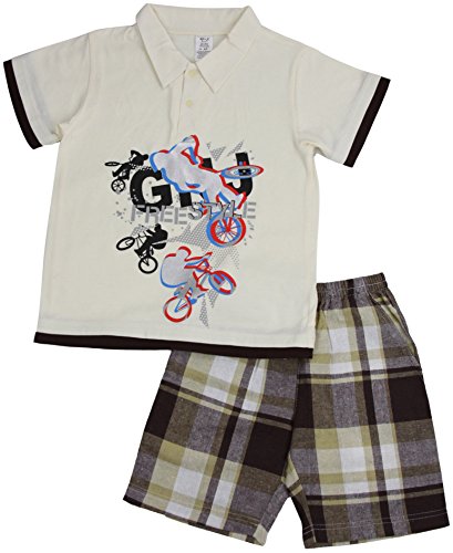 Image of ToBeInStyle Boys' 2-Piece Graphic Top & Plaid Shorts Outfit Set - Polo or V-Neck Tee