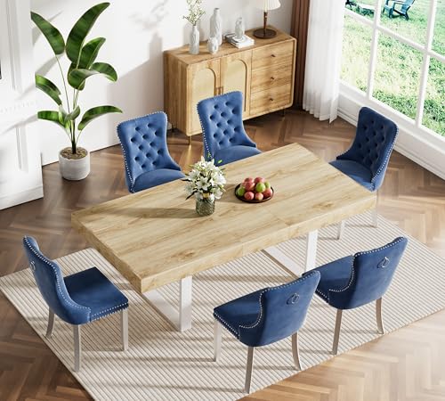 Image of Oak Dining Room Table Set for 6, 7-Piece 63 inch-78.74 inch Extendable Dining Table Set with 6 Upholstered Chairs, Rectangle Wooden Expanding Kitchen Table and Blue Chairs Set