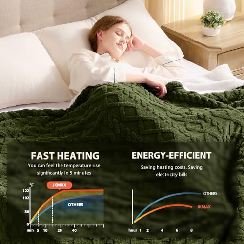 JKMAX Heated Electric Blanket King Size-100"x90" Heating Blanket with 10 Heating Levels & 5 Time Settings Over-Heat Protection,Winter Warmer for Adults with ETL Certification(Green)
