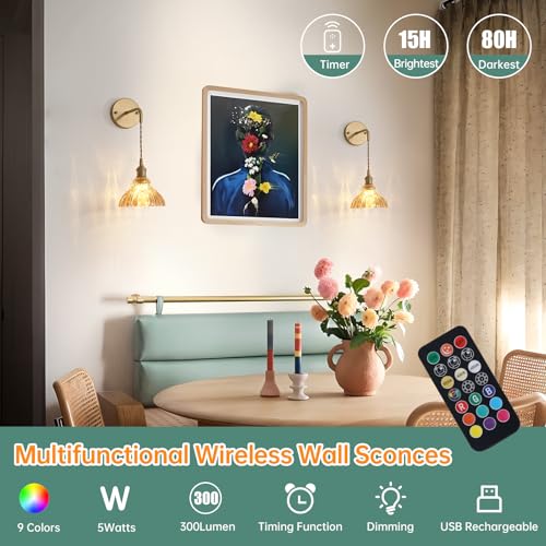 Image of Shenmoyl Battery Operated Wall Sconce Wall Lamp with Amber Lily of the Valley Shade Pattern Glass Adjustable Chain Retro Gold Wall Mounted Light, Modern Wall Lamp Fixtures Decor for Bedside Bedroom