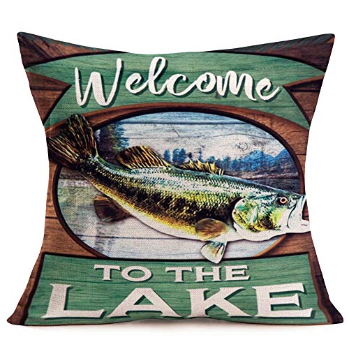 Asminifor Retro Vintage Wood Background With Sea Animal Fish Throw Pillow Covers Cotton Linen Pillowcase Cushion Cover Home Decor 18" X 18" Set Of 4 Welocome To Lake Theme Pillowslips (Lake Set) #TOP3