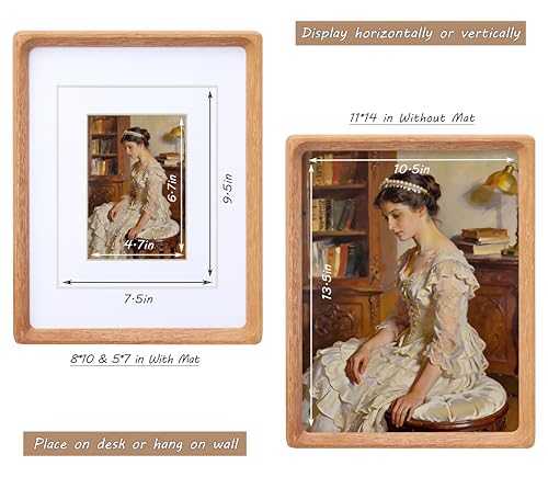 Image of 11x14 Picture Frame with Mat for 5x7 /8x10, USA-Sourced Natural Teak Wood Handcrafted Rounded Corner with Real Glass, Vertical or Horizontal Display Photo Gallery Wall & Tabletop Frame