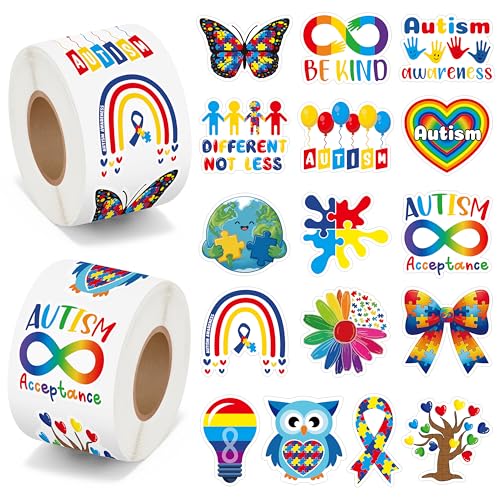 BeYumi Autism Awareness Roll Stickers - 1000Pcs Puzzle Pieces Ribbon Stickers in 2 Rolls Waterproof Vinyl Autism Aspergers Awareness Decals for Laptop Notebook Bottle Luggage Gift Decor for Kids Teen