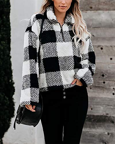Ivay Womens Long Sleeve Sherpa Fleece Jacket Quarter Zipper Fleece Pullover Jacket Buffalo Plaid Sweatshirt Coat White #TOP2