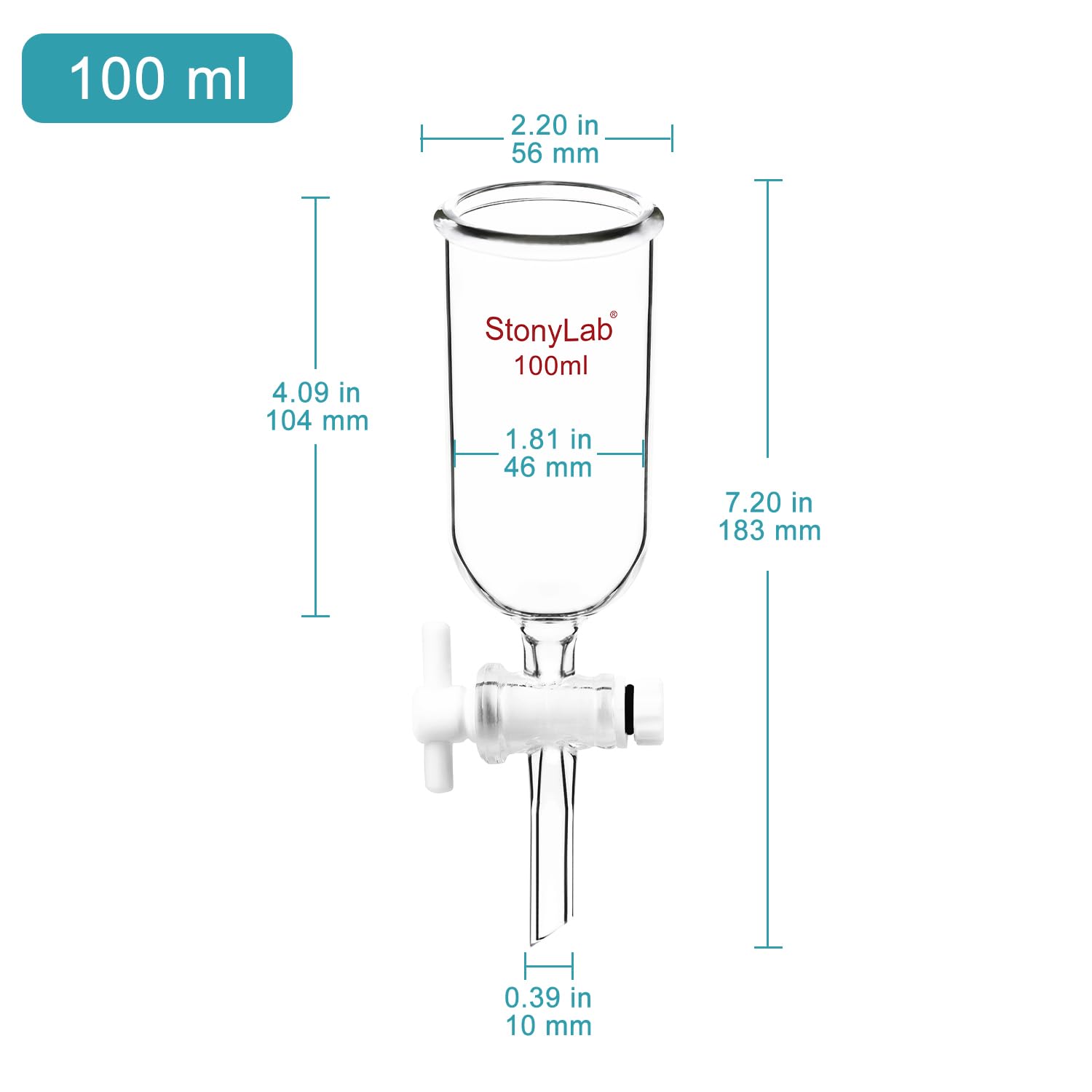stonylab Entonno a Sifone, in Vetro Borosilicato con Rubinetto in PTFE per Uso in Laboratorio e Domestico, 100 ml