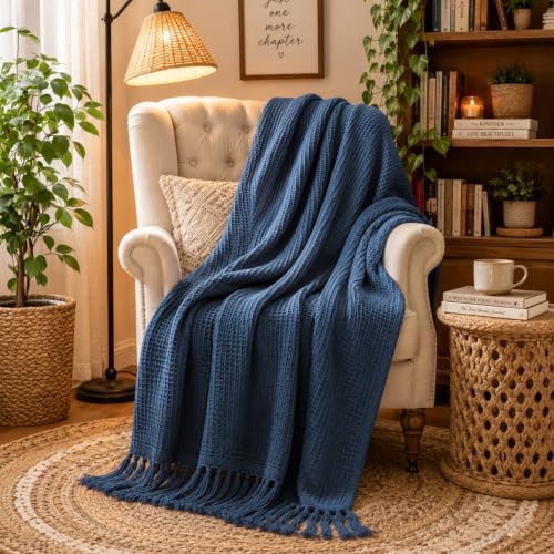 Image of Amazon Basics Waffle Throw Blanket | Knit & Chevron Pattern with Fringes | Aesthetic Decorative Couch Throw for Living Room, Sofa, Bed and Chair | 152x125 cms | 100% Cotton Throw | Blue