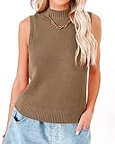 Rilista Women's Summer Sweater Vest Casual Sleeveless Mock Neck Solid Stretchy Ribbed Knit Tank Tops Coffee