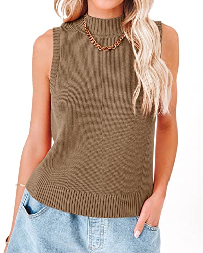 Image of Rilista Women Summer Knit Tank Tops Sleeveless Turtleneck Cami Shirts Ribbed Mock Neck Pullover Sweater Vests
