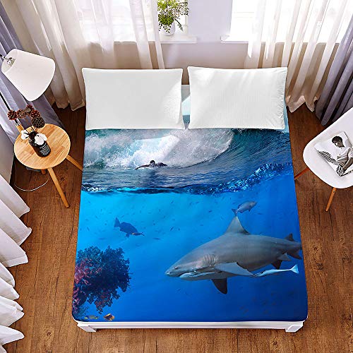 Chickw1 Drap Housse 3D Requin Impression Antidérapants Housse De Matelas, Confortable Respirant Microfibre Drap-Housse Poche Profonde 30cm pour Chambre...