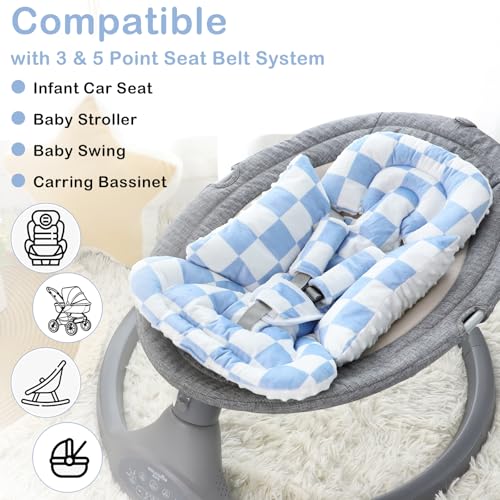 Image of DILIMI Infant Car Seat Insert, Baby Car Seat Head Support with 3 Strap Paddings, Soft Newborn Car Seat Cushion for Stroller, Swing, Bouncers, Blue Checkered
