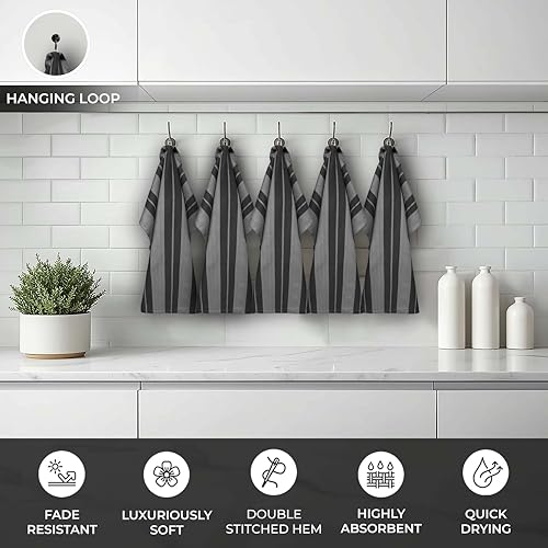 Stripe Designed Tea Towels for Kitchen - 100% Cotton | Super Absorbent & Quick Drying Hotel Quality Kitchen Towels Set | 70 x 50 cm - Machine Washable (Grey & Dark Grey, 5 Pack) - Image 6