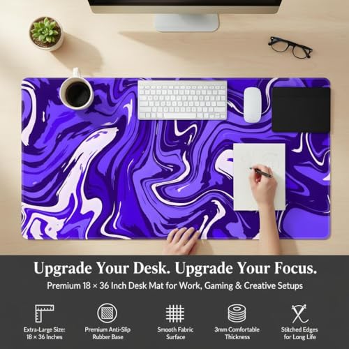 Image of Extended Desk Mat 458 x 915 mm | Premium Abstract Purple Mouse Pad with Stitched Edges | 3mm Thick Non-Slip Desk Pad for Gaming, Office & Workstation