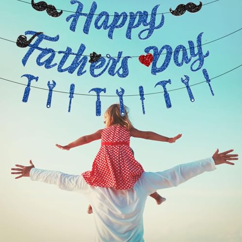Image of Pre-Strung Happy Fathers Day Banner Party Decorations, NO DIY Glitter Fathers Day Banner with Household Tools Garland for Step Dad Grandpa Papa Home Indoor Mantel Wall Room Photo Props Backdrop Decor