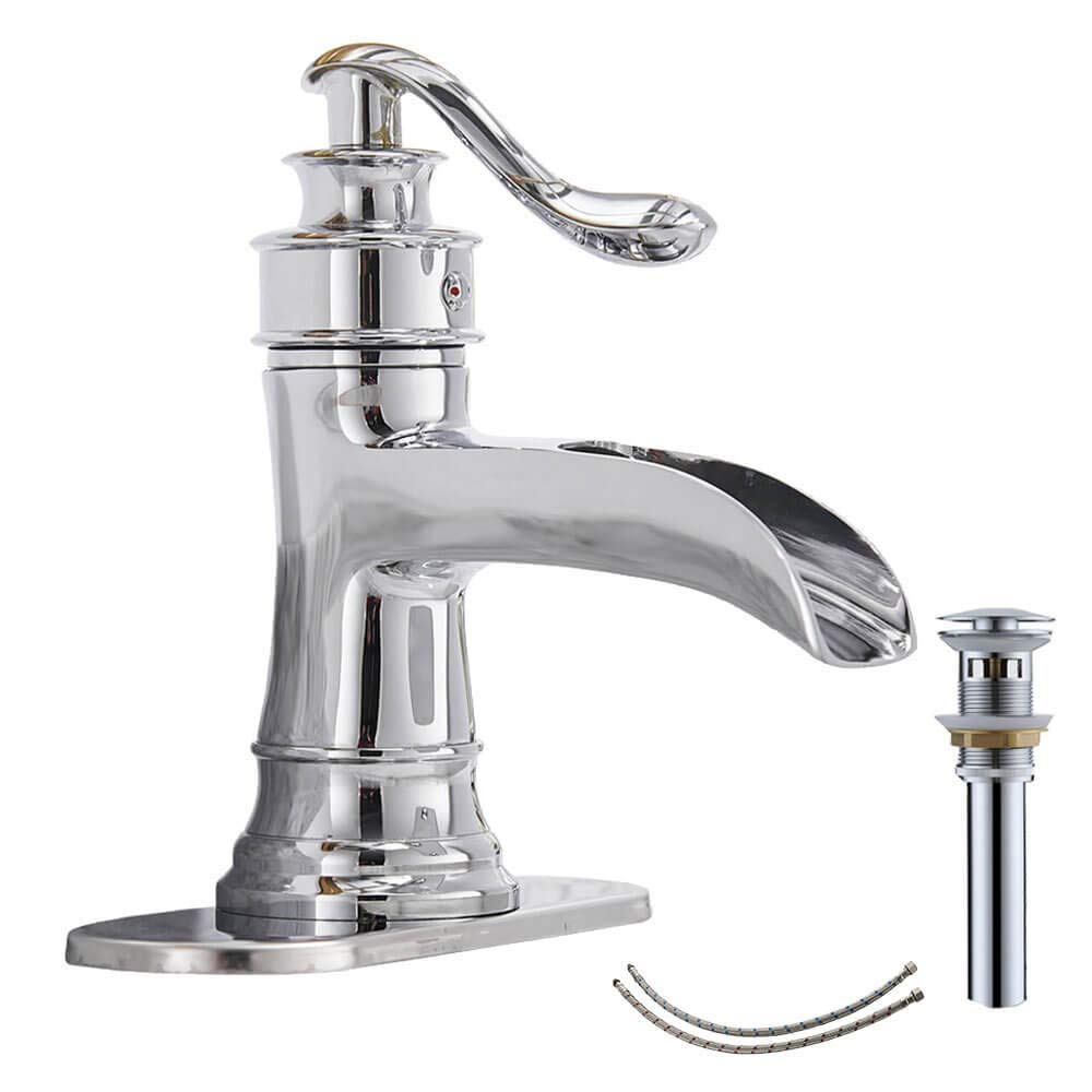 HomevaciousBathroom Faucet Chrome Waterfall Bathroom Sink Faucets with Single Handle Rustic Vanity Farmhouse RV Faucet Suitable for 1 or 3 Holes with Pop-up Drain Deck Plate Hose