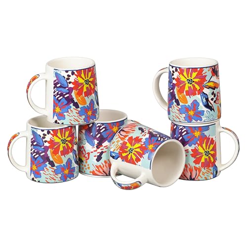 Image of Miah KaleidoBloom Ceramic Cup Set - Set of 6 | 10.16 cm x 6.85 cm x 8.89 cm | Handcrafted Coffee & Tea Mugs | Microwave & Dishwasher Safe | Vibrant Abstract Floral Design