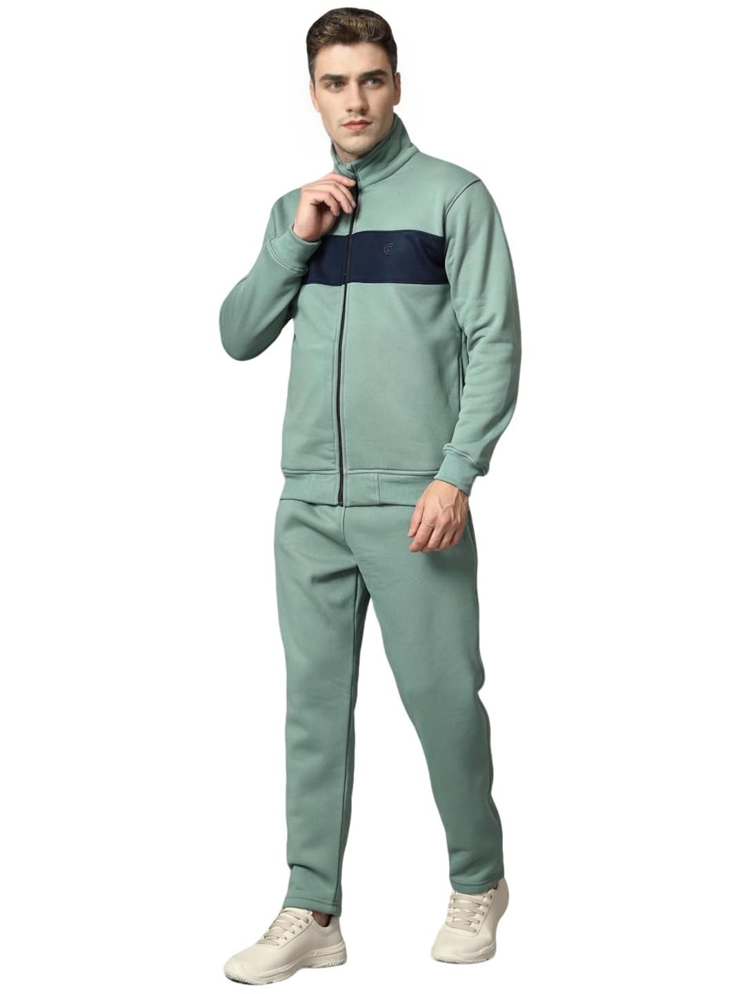Mens High Neck Winter Tracksuit Full Zip Jacket with Elastic Waist Lower Warm and Soft Activewear Set for Gym Running and Casual Use PastelGreenNavy 4XL-image-0