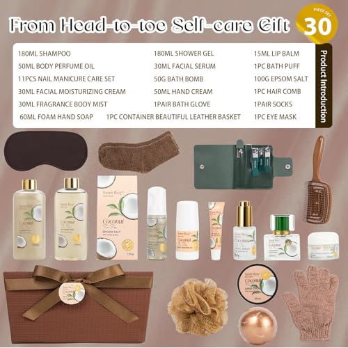 Image of Bath and Body Basket Set TEA TREE & COCONUT Spa Gift Basket for Women & Men | 30Pcs Unique Bath Gift Baskets Gifts, Home Spa Kit Christmas Gifts, Face Skin Care Kit, birthday gift baskets for Dad Mom