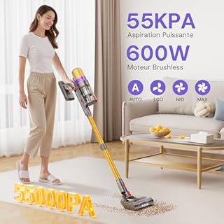 Aodebiao V16 Aspirateur Balai sans Fil 55Kpa/600W/80Mins, Aspirateur sans Fil Puissant, Écrans Tactiles LED, Mode Automatique, Brosse Anti-Emmêlement pour Tapis, Sols Durs et Poils d'animaux