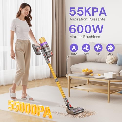 V16 Aspirateur Balai sans Fil 55Kpa/600W/80Mins, Aspirateur sans Fil Puissant, Écrans Tactiles LED, Mode Automatique, Brosse Anti-Emmêlement pour Tapis, Sols Durs et Poils d'animaux – Image 3