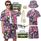Antsparty 80s Fancy Dress Men, Retro 80s 90s Outfit with Hat Glasses Necklace Ring Inflatable Radio, Hip Hop Costume Outfit for 80s Themed Disco Party