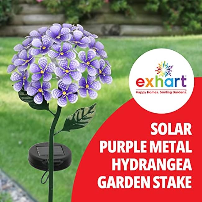 Exhart Garden Solar Lights, Decorative Hydrangea Flower Garden Stake, 26 LEDs, Cute Metal Outdoor Decoration, Purple, 7 x 21.5 Inch