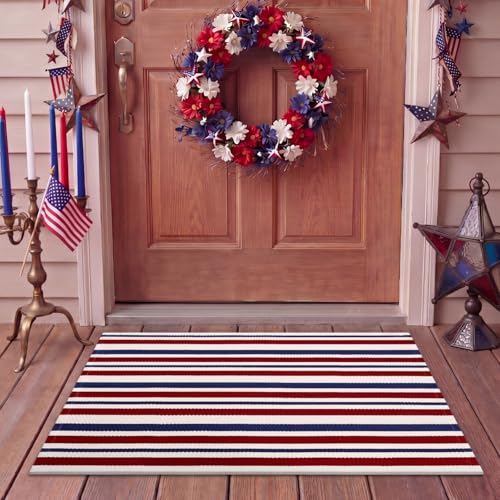 Moucuny Red Blue White 4th of July Striped Rug 250th Anniversary Mat Patriotic Outdoor Front Porch USA Door Mat Welcome Layering Rug 4th of July Doormat for Entryway Farmhouse Decor (2 X 3)