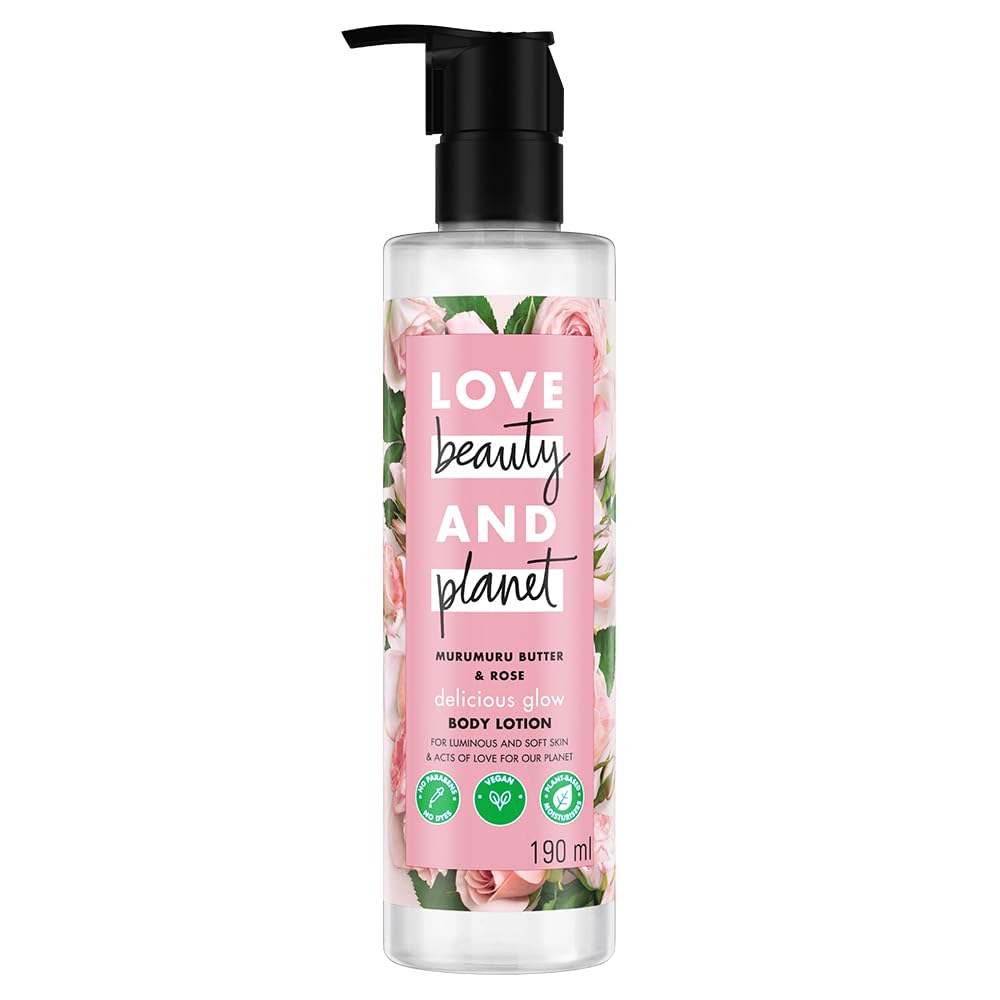 Love Beauty & Planet Natural Murumuru Butter & Rose Glow Body Lotion | 24 hour Moisturization | Non-Sticky | Fast Absorbing | For Normal to Dry Skin | Paraben Free | Vegan | Cruelty-Free | 190 ml