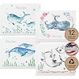 Baby Shower Thank You Cards - Ocean Themed - 12 Recycled Cards and Envelopes - 6 Unique Note Card Designs - Made in USA