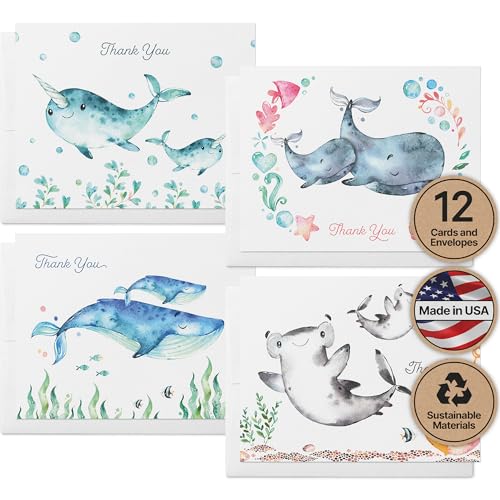 Image of Twigs Paper Baby Shower Thank You Cards, 12 Ocean Watercolor Note Cards