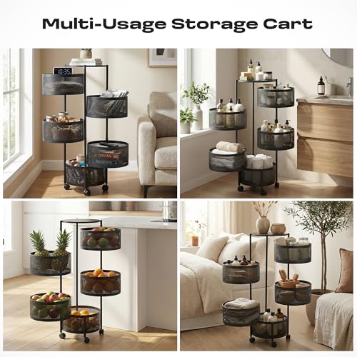 Image of Metal Multi-Purpose Trolley Kitchen Storage Organizer Rack Stand with 360 Wheels | 5 Layer Round Design | Kitchen Accessories Items for Fruit Vegetable Onion Rack for Kitchen (Black)