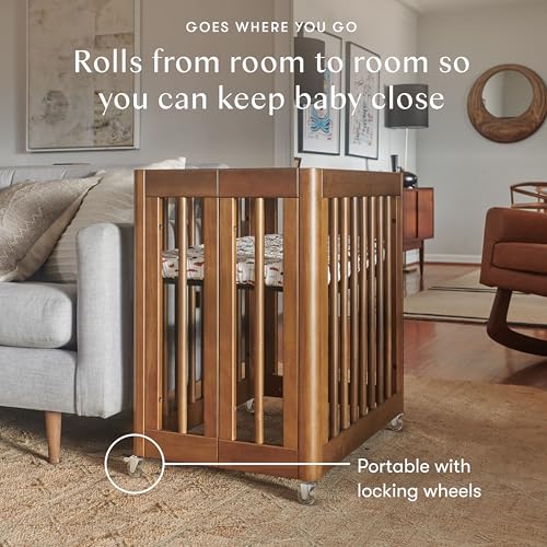 Image of Babyletto Yuzu Convertible All-Stages Bassinet, Midi, Full-Size Crib in Natural Walnut, Greenguard Gold Certified, Portable & Adjustable with Conversion Kits and Pads Included