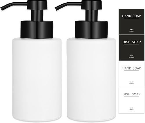 Juego de dispensador de jabón espumoso, dispensador de jabón de manos de vidrio blanco de 12 onzas con bomba de acero inoxidable 304 a prueba de