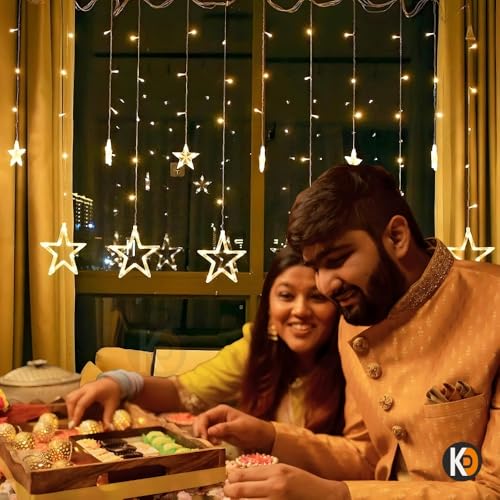 Image of K D 6+6 Star Warm Yellow 138 LEDs Curtain LED String Lights (3.5 ft Length + 0.5 FT Length After Adopter = 4ft) with 8 Modes Indoor Outdoor for Home, Diwali, Christmas (Star Warm Yellow 6+6)