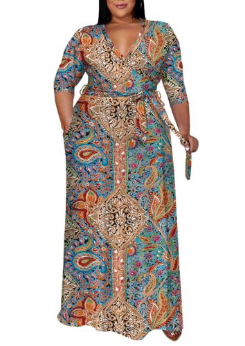 Image of Runwind Plus Size Wrap Dress for Women, Maxi A-Line Dresses with Belt