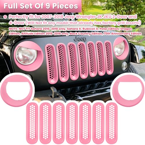 Image of Front Grille Mesh Inserts & Headlight Cover for Jeep Wrangler JK JKU Sport Freedom Rubicon Sahara Unlimited 2007-2018 Exterior Accessories Clip-in Grille Guard Headlight Bezels Trim (Matte Pink)