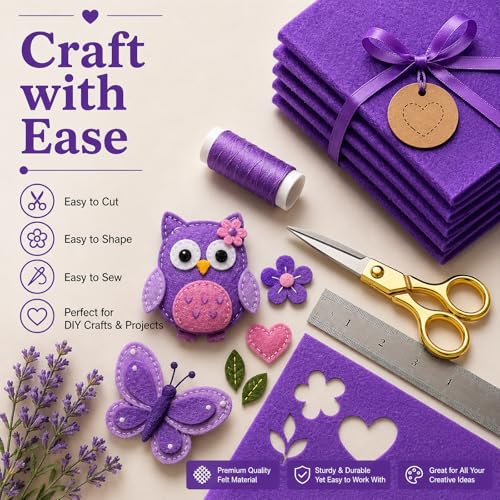 Image of Purple Large Felt Fabric 36 inch x 36 inch (1 Square Yard), 1mm Stiff Felt Sheet, Nonwoven Fabric for Crafts, DIY Projects, Art, Sewing, Lining & Decorations