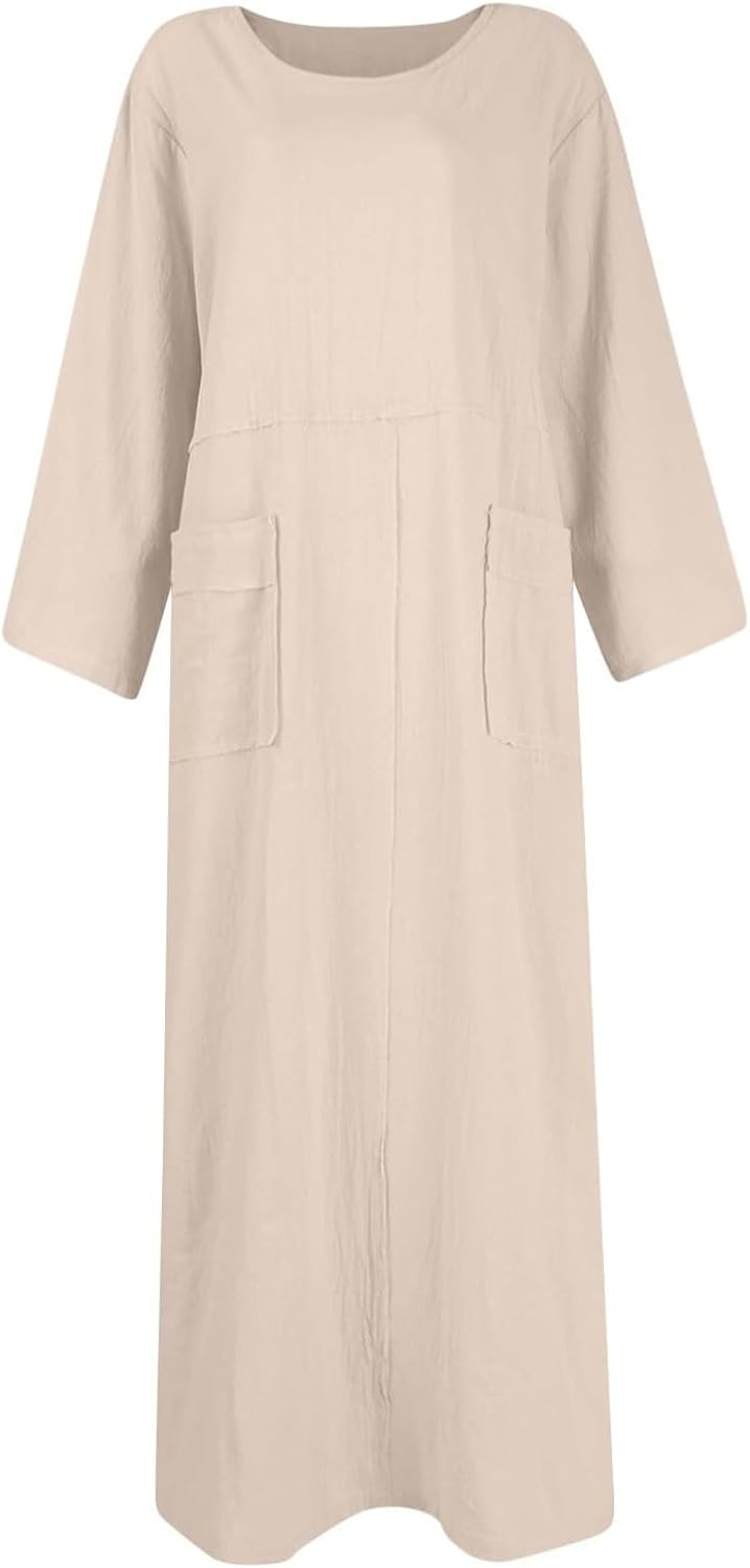 Fall Baggy Maxi Dress for Women Plus Size Linen Casual Wedding Guest Dresses Solid Boho Long Sleeve 2024