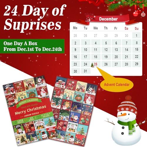 Advent Calendar 2025 Puzzle, Christmas Jigsaw Puzzles 1008PCS for Kids Adults Christmas 24 Days Calendar Countdown Advent Puzzle in 24 Boxes - Image 4